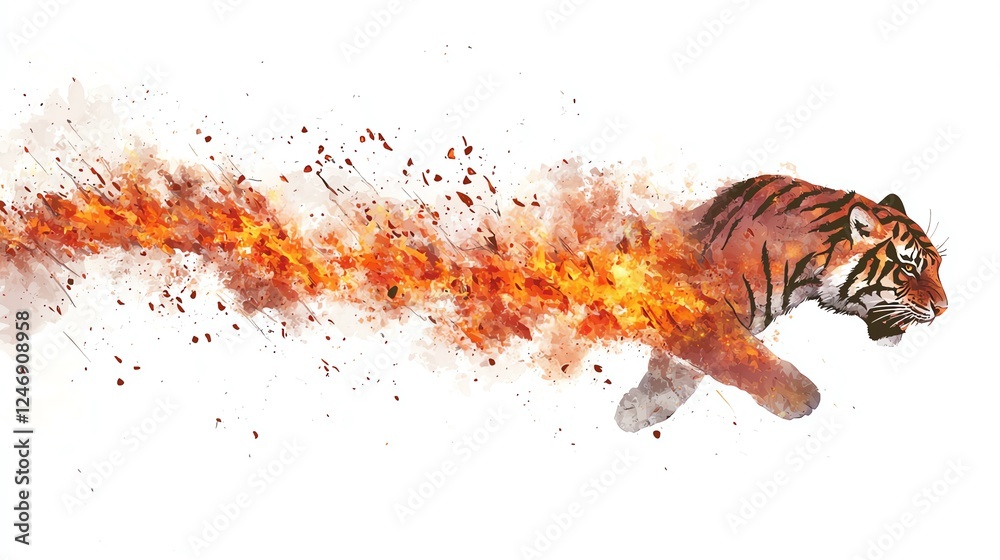 Naklejka premium A vibrant illustration of a tiger running with flames trailing behind it, showcasing strength and speed against a white isolated background.