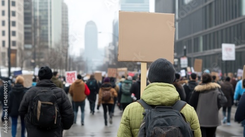 Children cardboard signs. A crowd marches in a city, with a person holding a blank sign, symbolizing activism and a call for change.