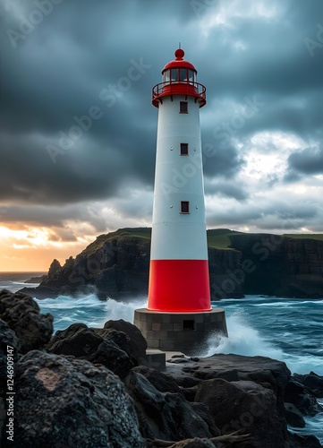 A lofty beacon stands gladly on a tough, rough shoreline, its tall, barrel shaped structure painted in dazzling white with red accents that contrast strongly against the dull, barbed bluffs.