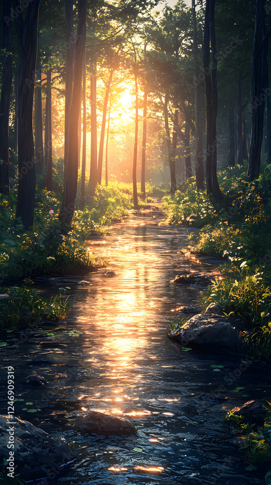 Obraz premium Tranquil Forest Stream: Sunlight Filtering Through Luminous Trees, Scenic Nature Landscape, Reflective Water and Vibrant Foliage in an Idyllic Wilderness, A Peaceful Morning Adventure in the Woods