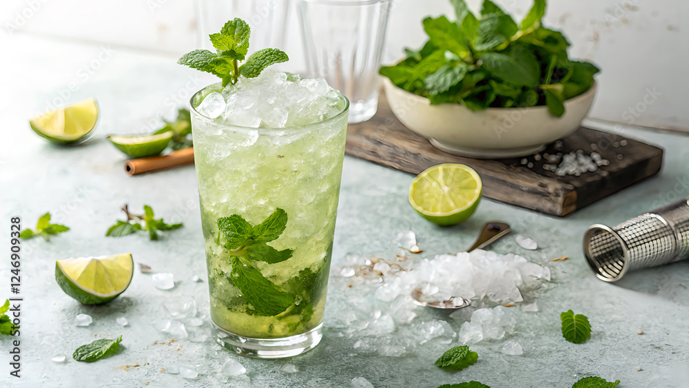 Fototapeta premium Refreshing Mojito Cocktail with Mint and Lime on a Rustic Table