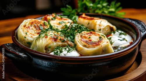 Delicious lazy cabbage rolls in a traditional clay pot with fresh herbs garnish. photo