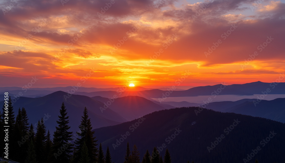 Majestic sunset over mountain ranges revealing a tapestry of colors in the evening sky Majestic sunset over mountain ranges revealing a tapestry of colors in the evening sky
