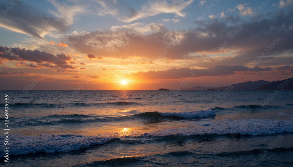 Sunset over tranquil waters highlighting rhythmic waves and distant ships on the horizon during a serene evening Sunset over tranquil waters highlighting rhythmic waves and distant ships on the horizon during a serene evening