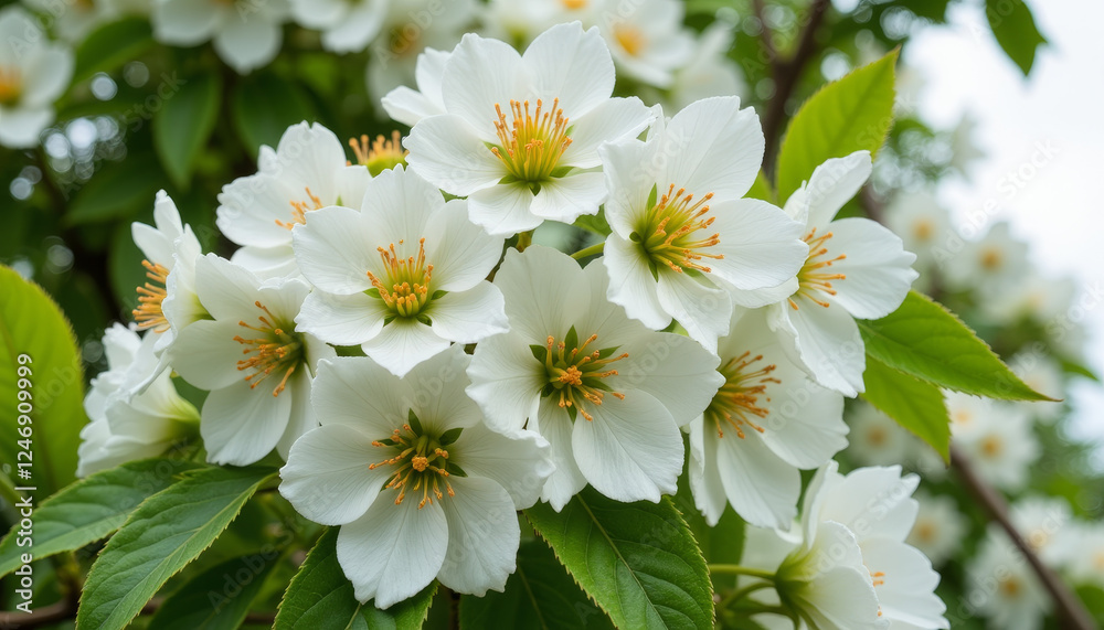 Fototapeta premium Blooming white flowers surrounded by lush green leaves under a soft, cloudy sky in springtime splendor
