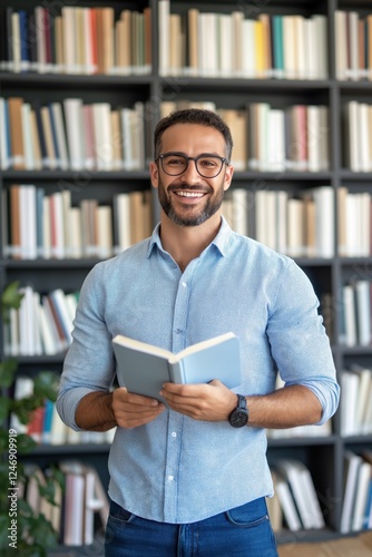 A man is smiling and holding a book in a library. The book is open to a page with a picture of a man and a woman. The man is wearing glasses and a blue shirt. The library is filled with books