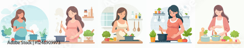 pregnant woman cooking vector set