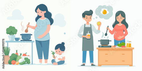 pregnant woman cooking vector set