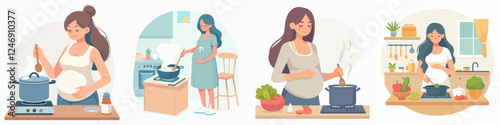 pregnant woman cooking vector set