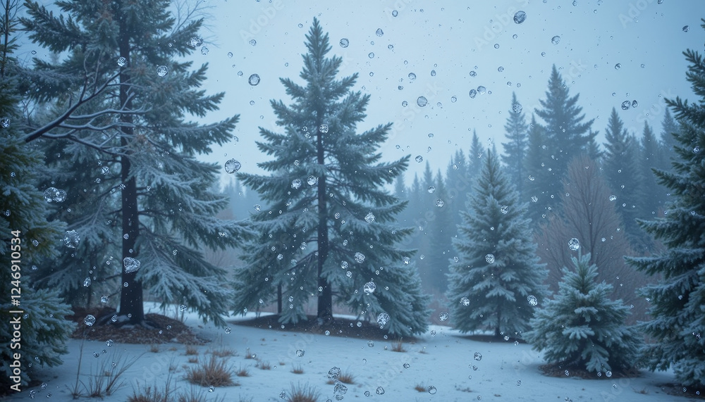 Enchanting winter forest under a gentle snowfall with droplets dancing in the air at dusk Enchanting winter forest under a gentle snowfall with droplets dancing in the air at dusk