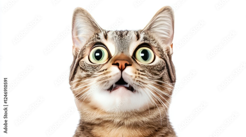 Hilarious cat caught mid-surprise, eyes wide open and mouth agape, set against a plain white background Hilarious cat caught mid-surprise, eyes wide open and mouth agape, set against a plain white background