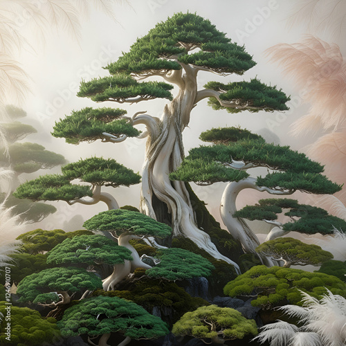 A giant bonsai forest with miniaturized trees, each displaying perfect pinnate leaves