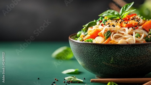 Delicious vegetarian lagman noodles with fresh vegetables and herbs. photo