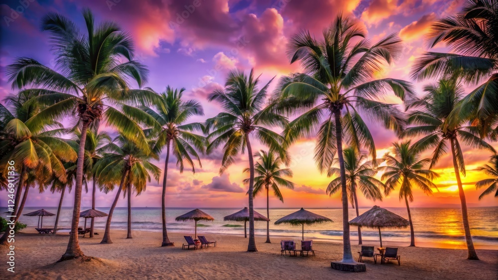 Tropical Beach Sunset with Palm Trees and Umbrella Shade Tropical Beach Sunset with Palm Trees and Umbrella Shade
