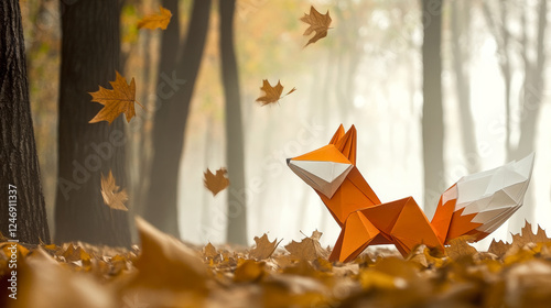Colorful origami fox sits on fallen leaves in a misty forest during autumn