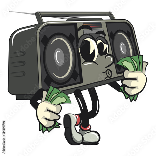 Cartoon retro groovy tape recorder boombox character carrying money while whistling, isolated vector vintage, work of hand drawn