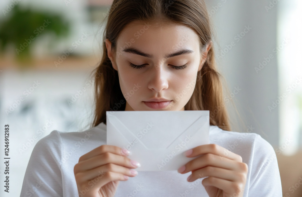 young woman holding an envelope with her results, hesitating to open it, moc up young woman holding an envelope with her results, hesitating to open it, moc up