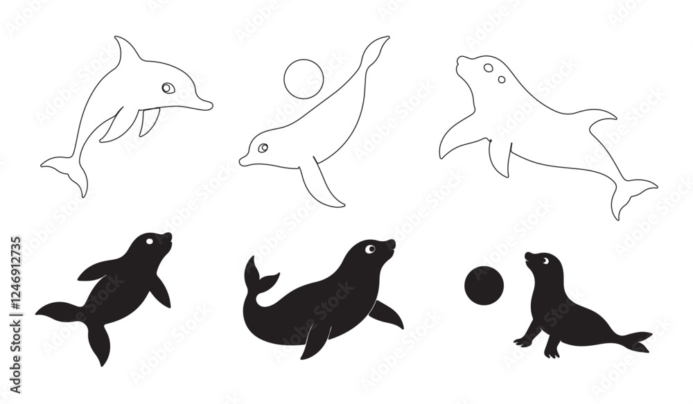 dolphins, sea lions, and seals playing with a ball in a fun marine silhouette bundle, perfect for aquatic-themed designs, digital graphics, and ocean wildlife illustrations dolphins, sea lions, and seals playing with a ball in a fun marine silhouette bundle, perfect for aquatic-themed designs, digital graphics, and ocean wildlife illustrations