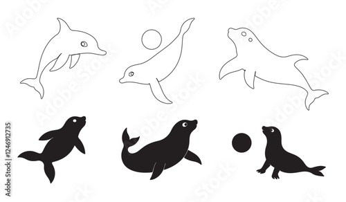 dolphins, sea lions, and seals playing with a ball in a fun marine silhouette bundle, perfect for aquatic-themed designs, digital graphics, and ocean wildlife illustrations