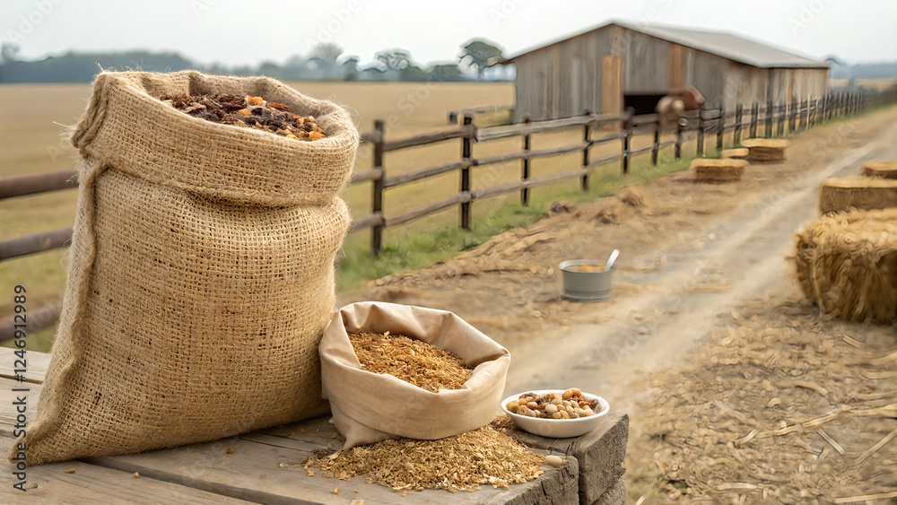 Rustic Farm Setting with Burlap Sack and Feed on Wooden Table Rustic Farm Setting with Burlap Sack and Feed on Wooden Table
