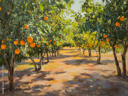 Sunlit Orange Orchard with Ripe Citrus Fruits Hanging from Lush Green Trees