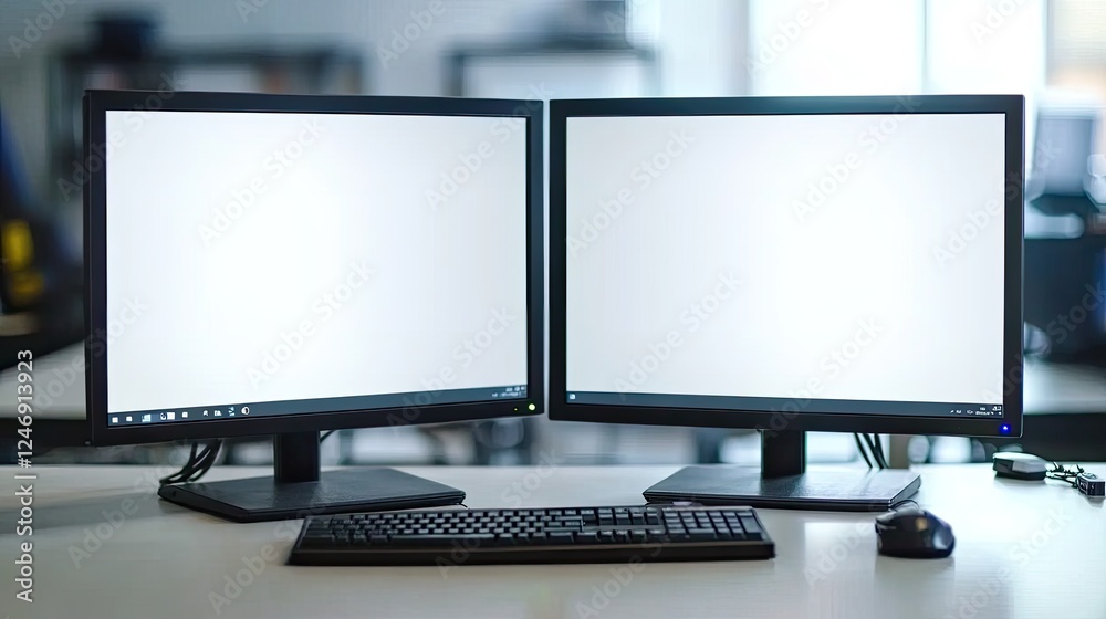 Fototapeta premium Television and desktop computer both displaying white screens in a bright and clean office space with a white background 