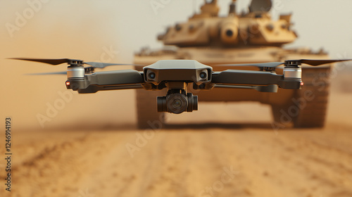military drone and armored vehicles