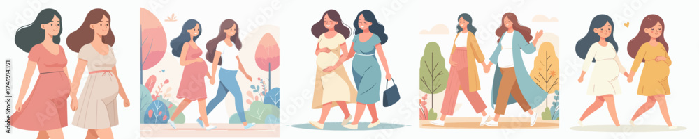 vector set of two pregnant women walking happily vector set of two pregnant women walking happily