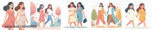 vector set of two pregnant women walking happily