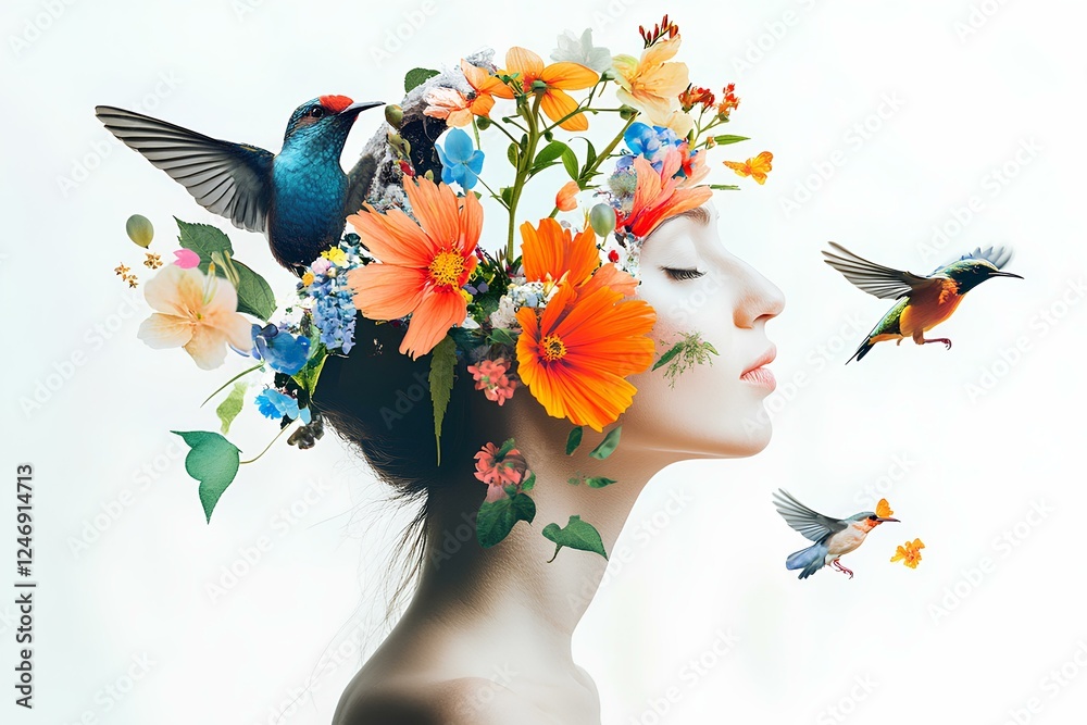 collage method woman with flowers and birds, isolated on white background