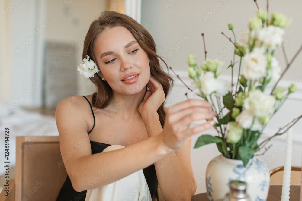 Stylish young woman sitting at a table in her living room adjusting a bouquet of fresh white lisianthus flowers