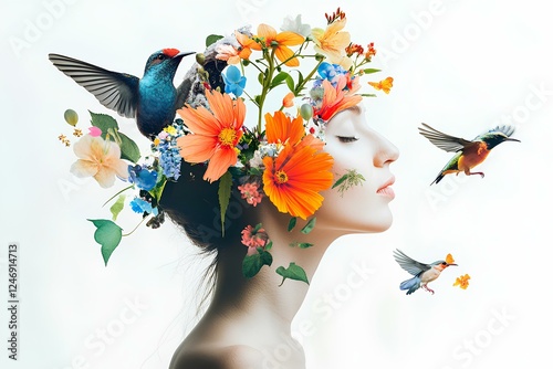 Obraz na płótnie collage method woman with flowers and birds, isolated on white background w salonie