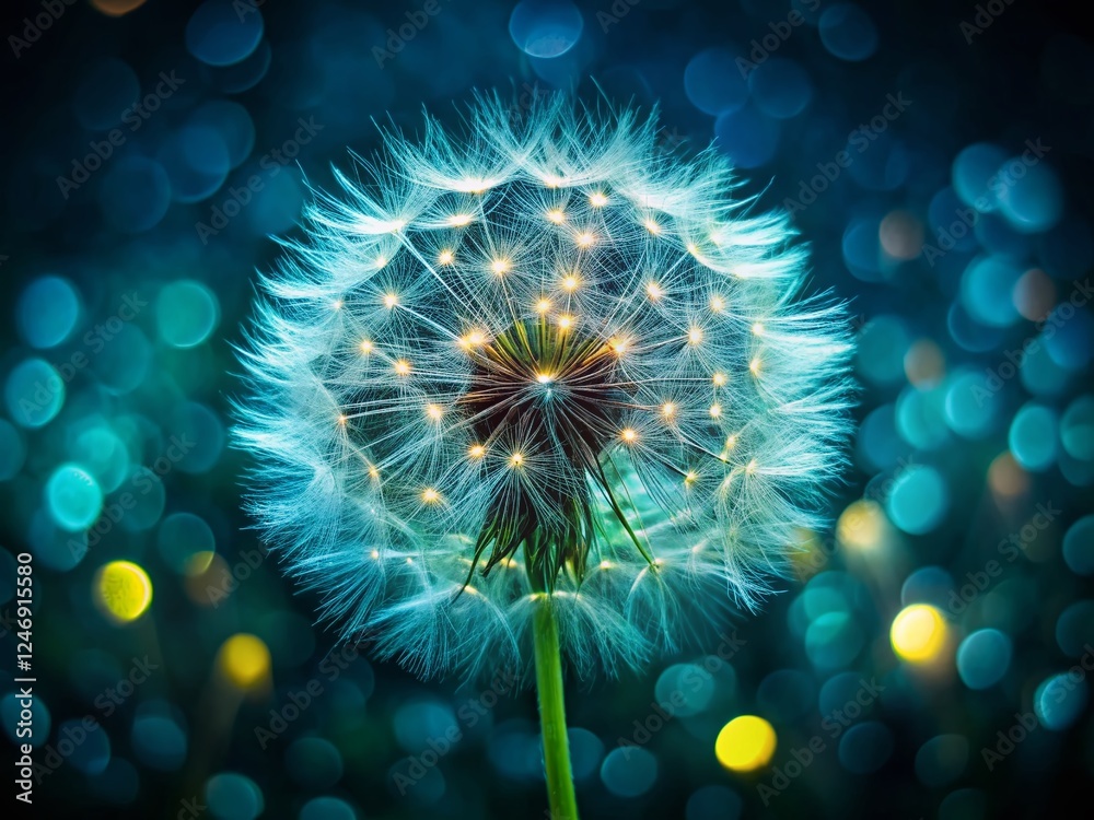 Obraz premium Night Dandelion Seed Head Close-Up, Green Background, Macro Photography