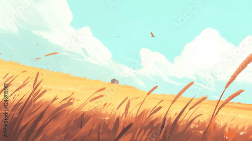 Golden Cornfields Stretching Across the Horizon Under a Clear Blue Sky at Harvest Time