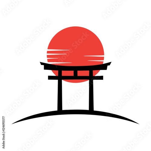 Japanese Torii Gate with Red Sun Vector Illustration.