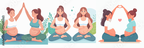 vector set of pregnant woman with her friend doing yoga