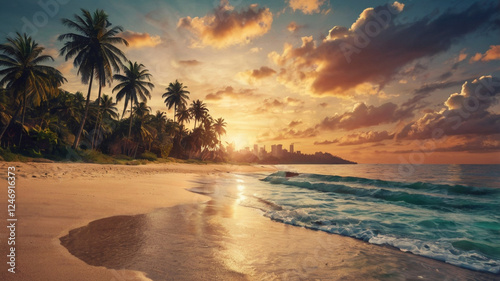 sunset on the beach and beautiful palm trees