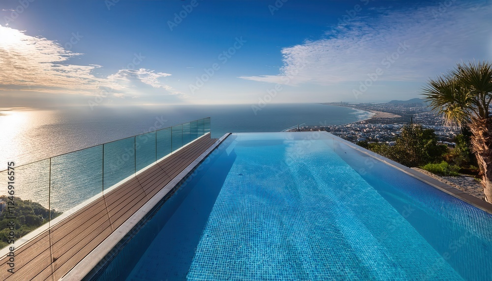 Fototapeta premium Relaxing in a vibrant infinity pool overlooking the expansive ocean on a sunny summer day