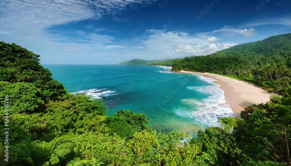 Serene summer coastal view with vibrant greens and tranquil blue waters at sunrise Serene summer coastal view with vibrant greens and tranquil blue waters at sunrise