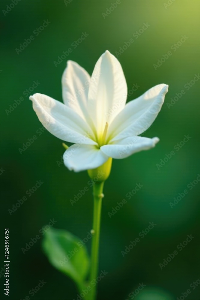 Single white jasmine-like flower with delicate petals on a stem, botanical, flower closeup, garden Single white jasmine-like flower with delicate petals on a stem, botanical, flower closeup, garden