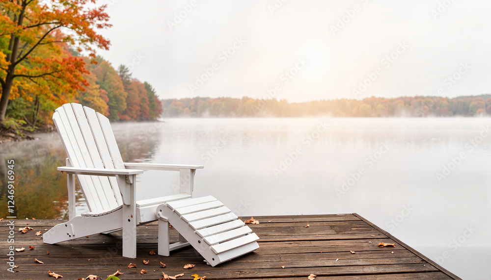 Fototapeta premium Serene Adirondack chair on misty dock at autumn morning, tranquil escape