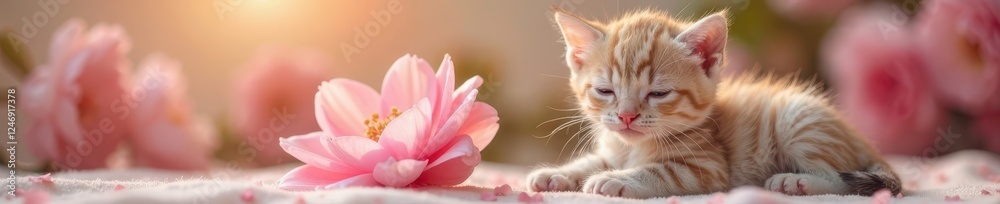Little kitten snuggling with a soft pink flower, soft, nature Little kitten snuggling with a soft pink flower, soft, nature