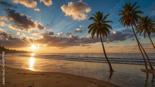 sunset on the beach and beautiful palm trees