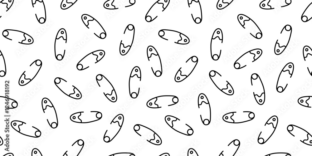 Safety pins seamless pattern. Vector illustration ornament of hand drawn sewing tool and accessory. Scattered doodles design for backgound, textile, fabric, cover, package. Safety pins seamless pattern. Vector illustration ornament of hand drawn sewing tool and accessory. Scattered doodles design for backgound, textile, fabric, cover, package.