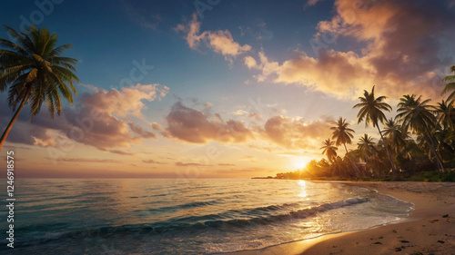 natural views of sunset on the beach and beautiful palm trees