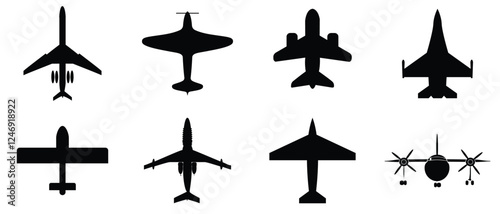 Airplane icon set. Aircraft vector sign. Airplane icon. Plane symbol. Air plane vector illustration. Airline sign.  Airport arrival departure symbol. Airplane icon set vector on white background
