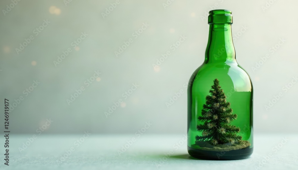 Miniature Christmas tree nestled in a green glass bottle, Green Glass, Christmas Tree Glass Bottle, Holiday Decor Miniature Christmas tree nestled in a green glass bottle, Green Glass, Christmas Tree Glass Bottle, Holiday Decor