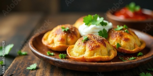 Mexican picaditas with queso fresco and salsa roja on a rustic wooden plate, mexican, rustic photo