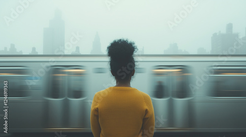 Woman in yellow sweater waits for train at foggy city subway station. Generative AI photo