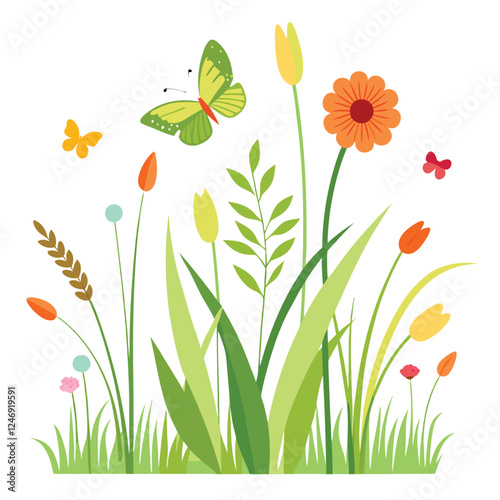 A vibrant meadow bursts with colorful spring and summer flowers, surrounded by lush green grass, under a clear sky
